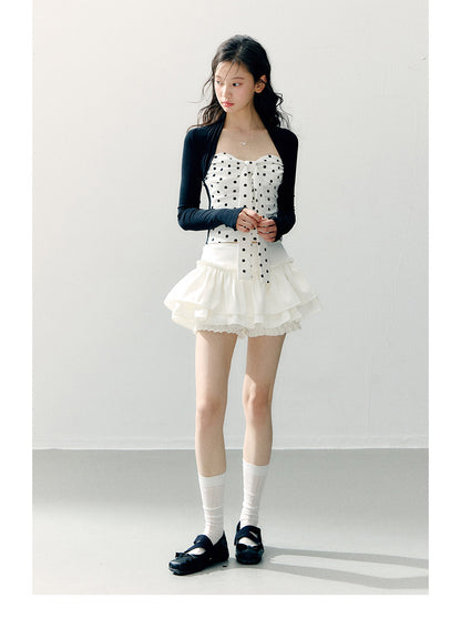 ANNATTO - Polka Dot Lyocell Faux Two-Piece Long Sleeve Top & White Skirt Set
