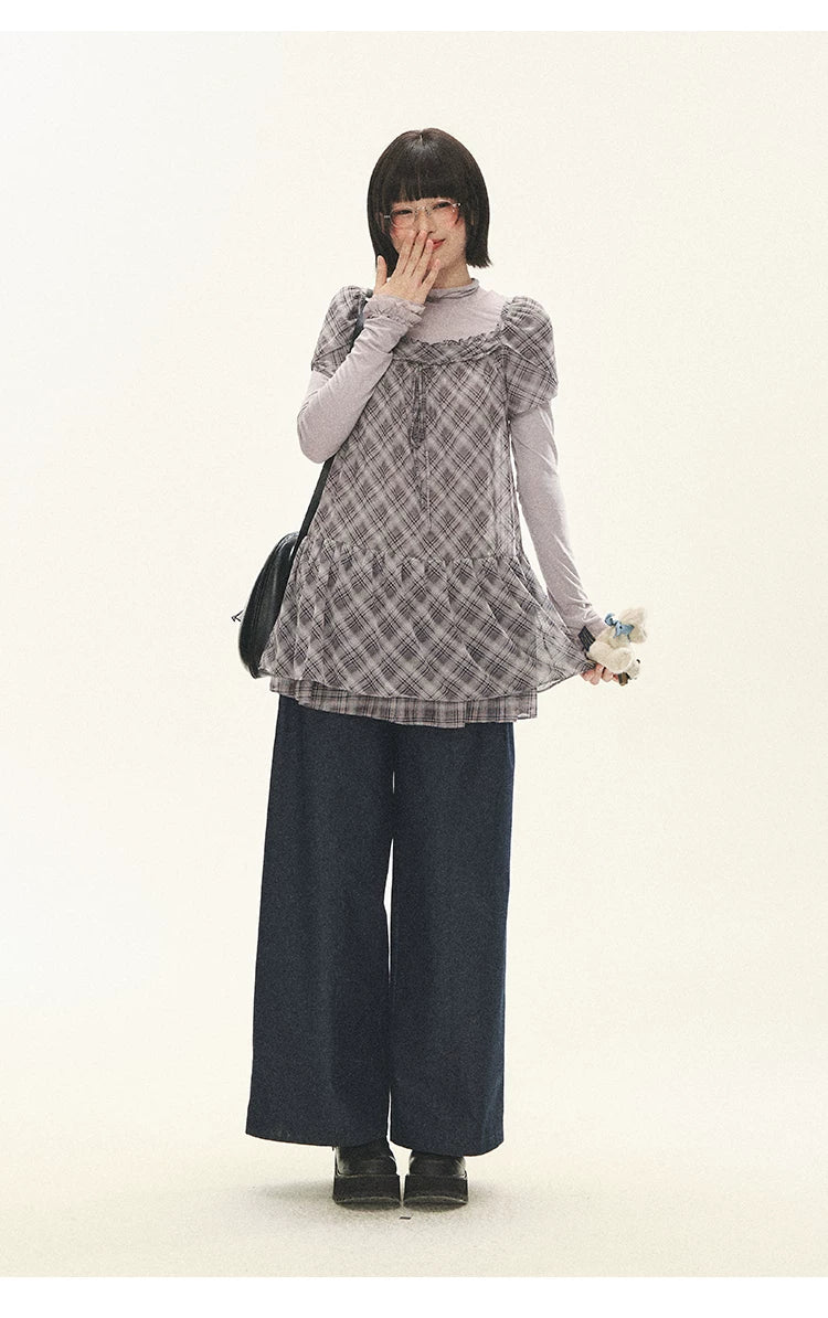 "Lazy Weekend" Deep Blue Ruched Wide Leg Jeans