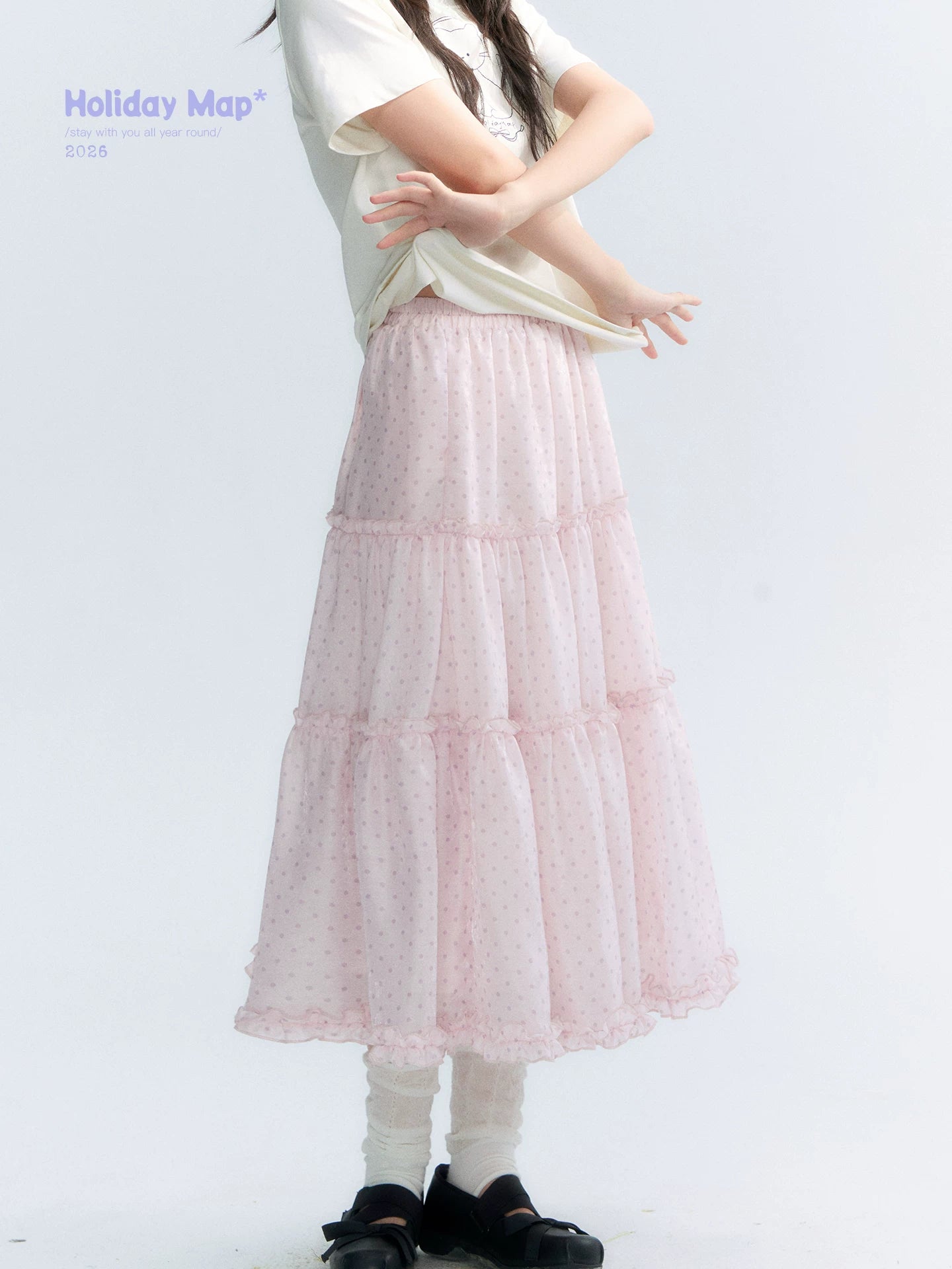 "Bubble Dream" Pink Lavender Polka Dot Tiered Midi Skirt