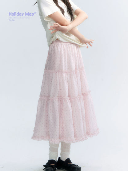"Bubble Dream" Pink Lavender Polka Dot Tiered Midi Skirt