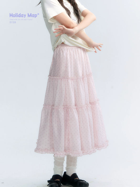 "Bubble Dream" Pink Lavender Polka Dot Tiered Midi Skirt