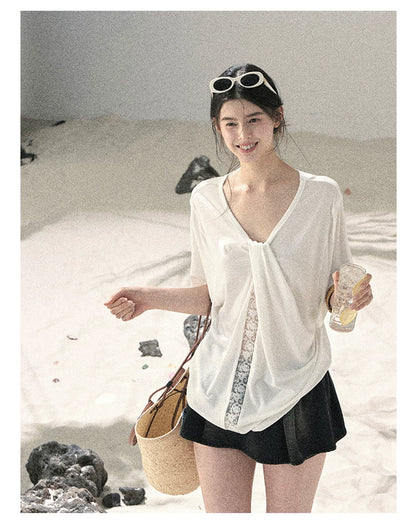 "Undisturbed Mist" Cloud White Lace Cutout V-Neck T-Shirt 45638453