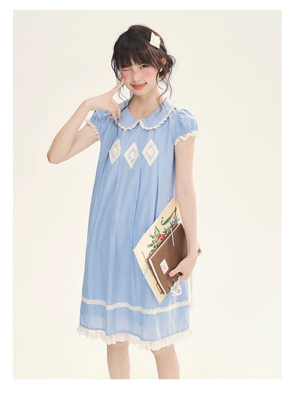 "Sweet Tea Doll" Haze Blue Lace Puff Sleeve Peter Pan Collar A-Line Dress