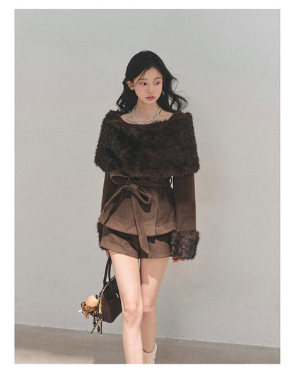 少也眼 “Drifting Through Her Dreams” – Winter Luxe Three-Piece Cape Set - Chestnut Brown 8746513