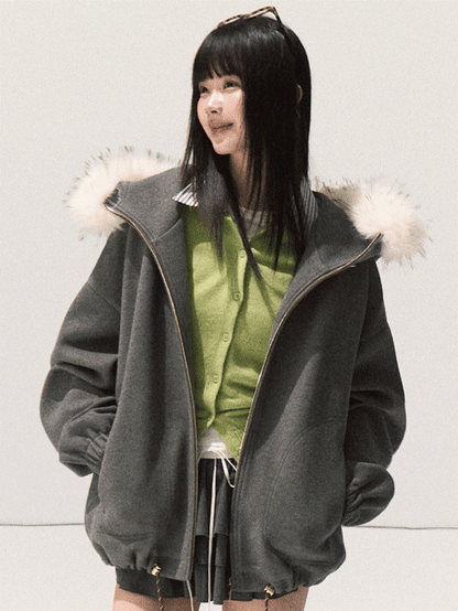 OAKMOO/ Swiss Gray Hooded Zip-Up Jacket with Detachable Faux Fur Collar