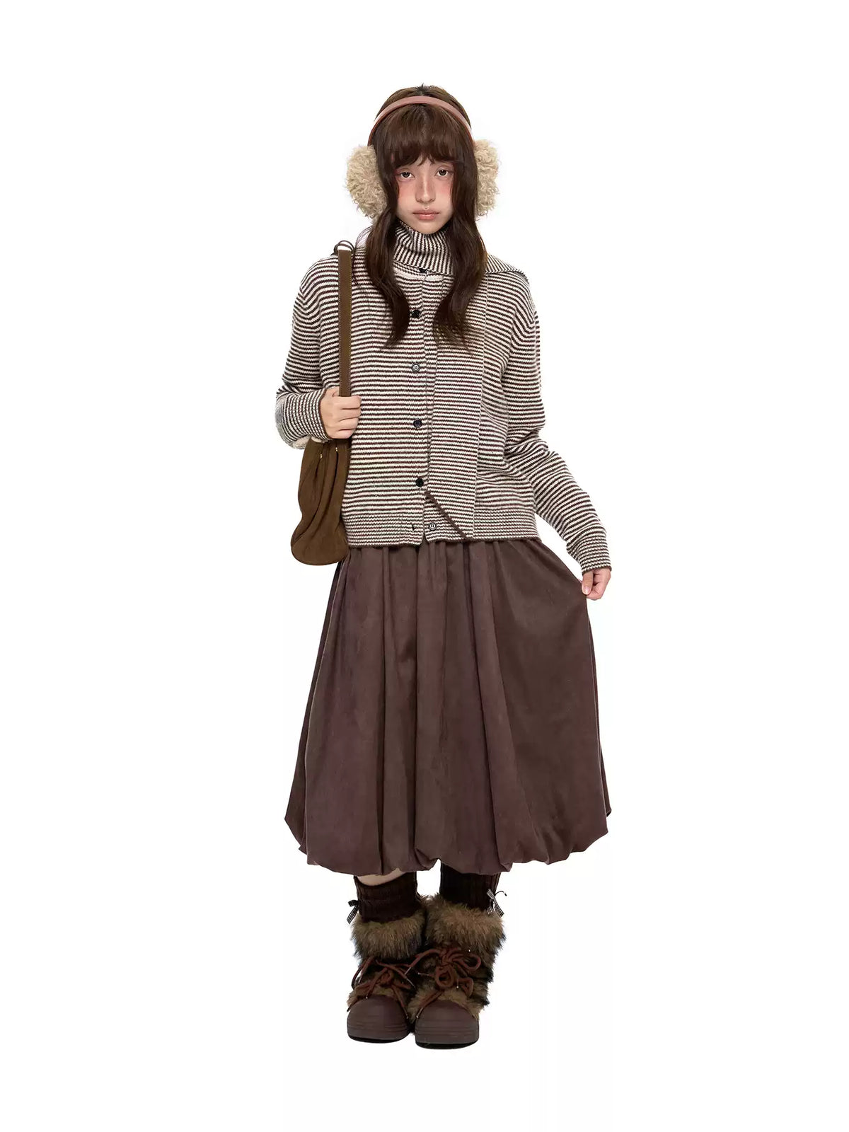 EZEK | Speckled Crew Neck Cardigan Sweater (Gray / Caramel)