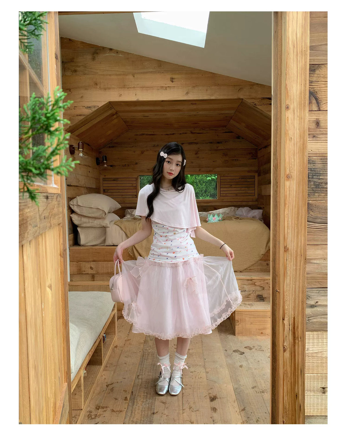 [RF] “Peach Blossom Layers” Peach Pink Striped Floral Print Short-Sleeve T-Shirt