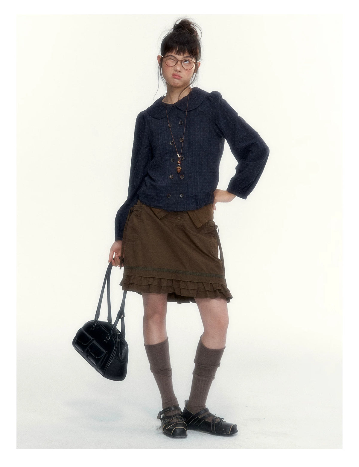 “Wild Caramel” Brown Washed Layered Ruffle Bow Pocket A-Line Skirt