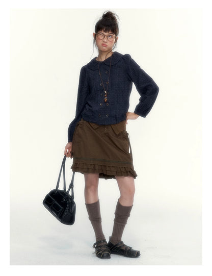 “Wild Caramel” Brown Washed Layered Ruffle Bow Pocket A-Line Skirt