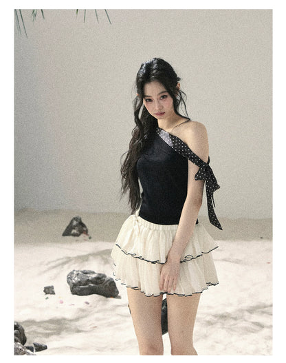 "Morning Dew & Evening Breeze" Midnight Black One-Shoulder Polka Dot Crop Top