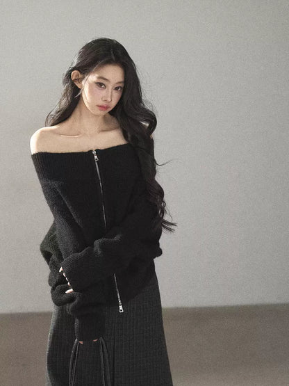 AOMALM - Quiet Black Wool-Blend Cropped Knit Jacket
