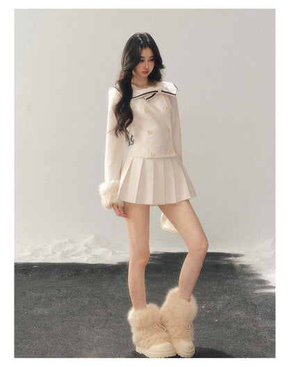 少也眼 "Silent Confession" Apricot Preppy Pleated Mini Dress