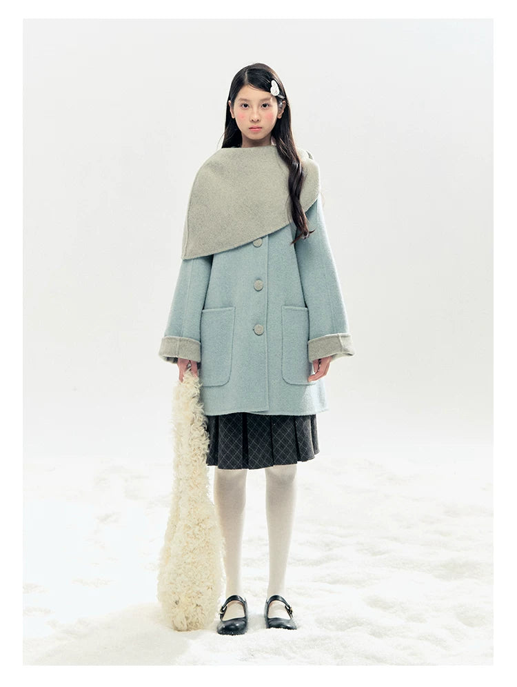 "Double Winter Embrace" Blue & Gray Reversible Wool-Blend Cape Coat