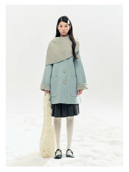 "Double Winter Embrace" Blue & Gray Reversible Wool-Blend Cape Coat