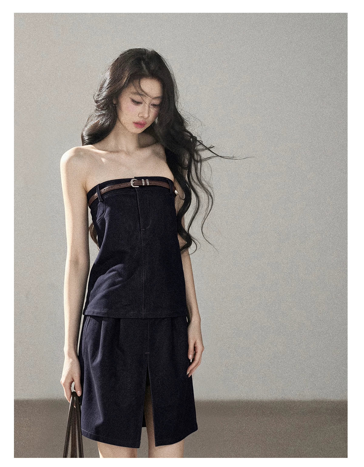 AOMALM - "Bluebell in Suspension" Navy Blue Korean Denim-Inspired 2-Piece Skirt Set