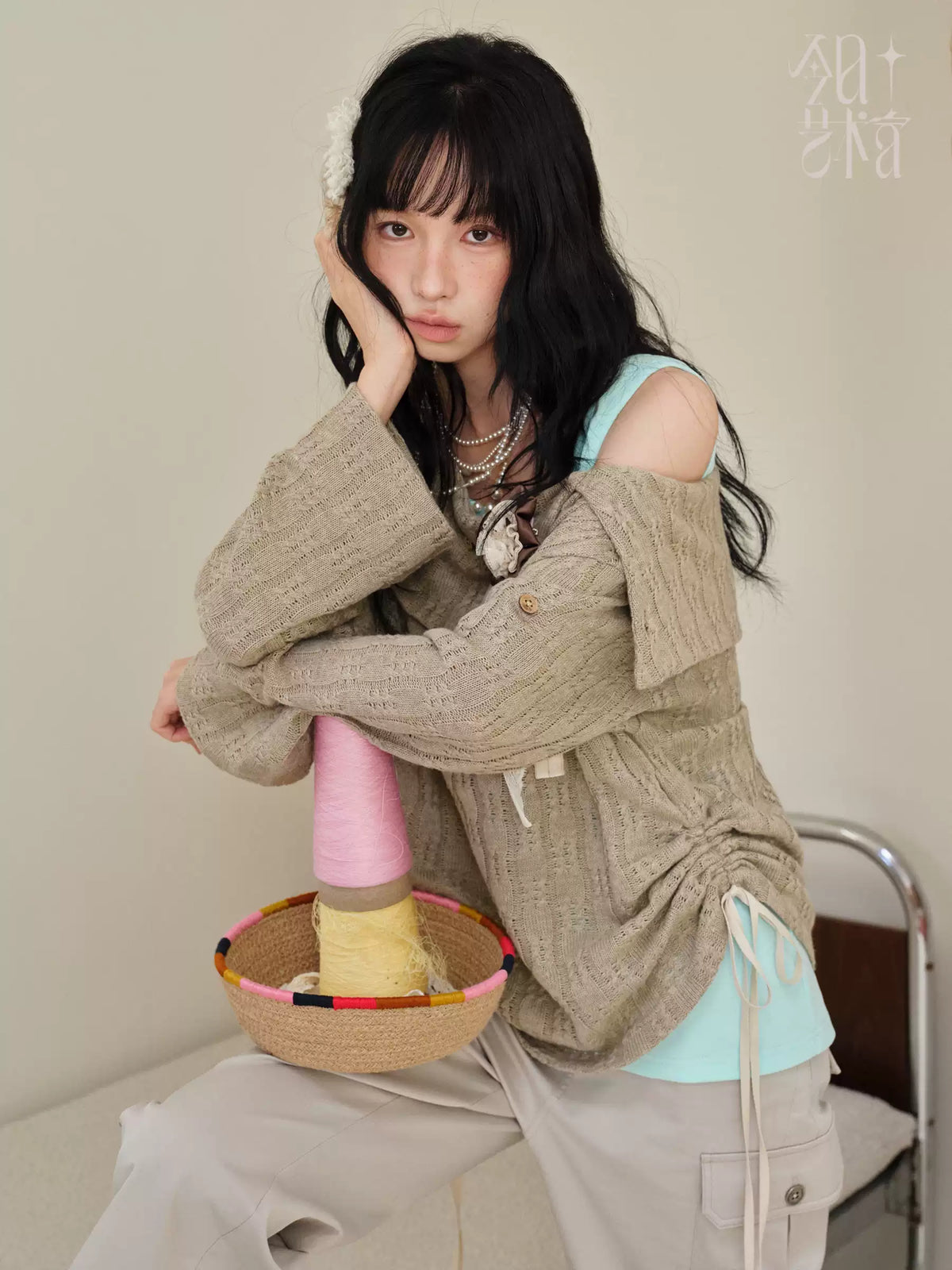 DAILY ARTIST - Brown Cable-Knit Sweater & Mint Green Tank Set