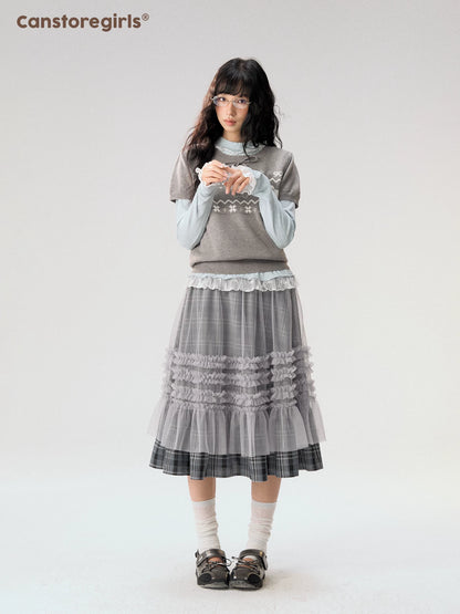 [CAN] "Little Lamb Adventure" Gray Jacquard Bow-Detail Short Sleeve Knit Top