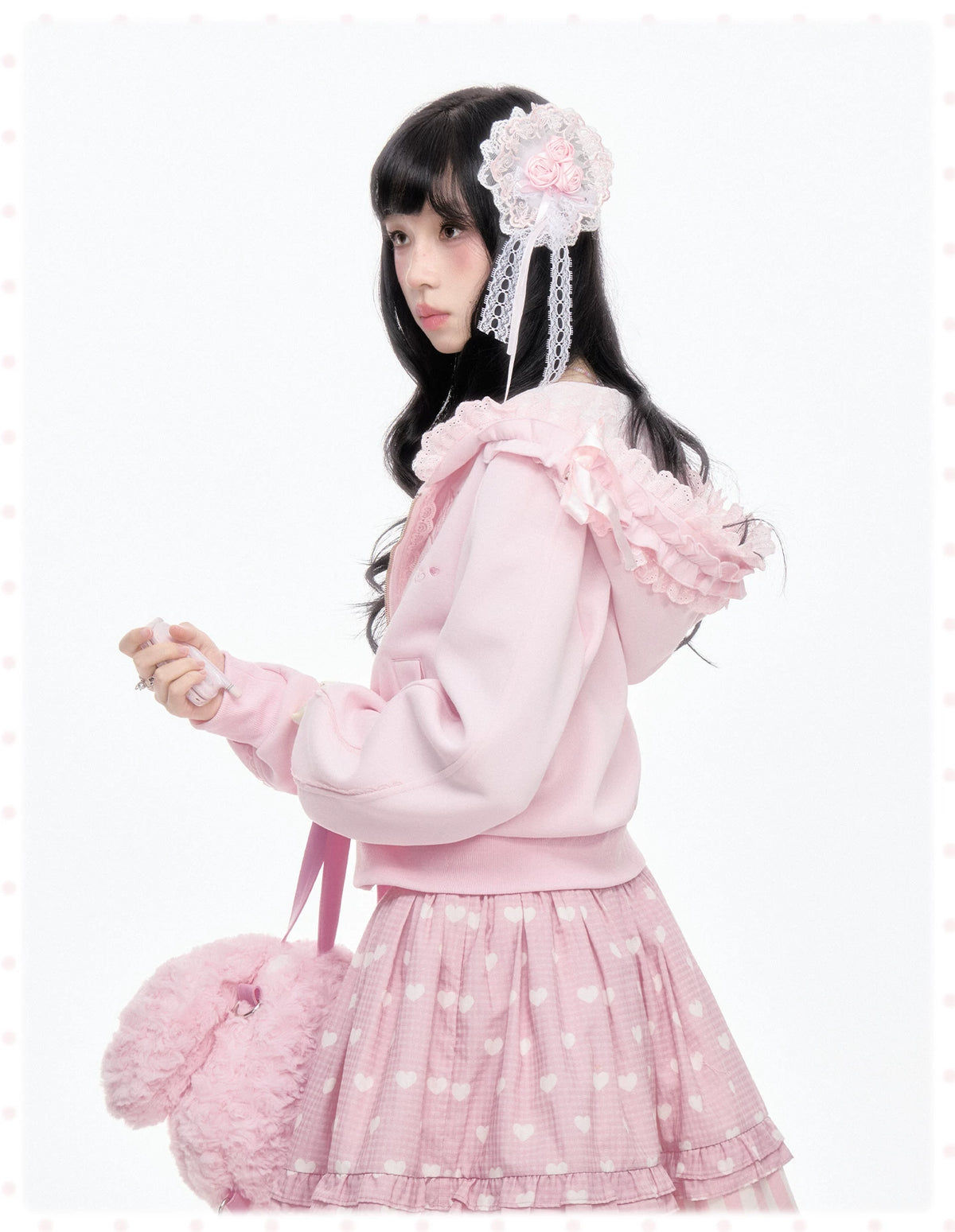 “Ribbon Daydream” Pink Cropped Zip-Up Hoodie