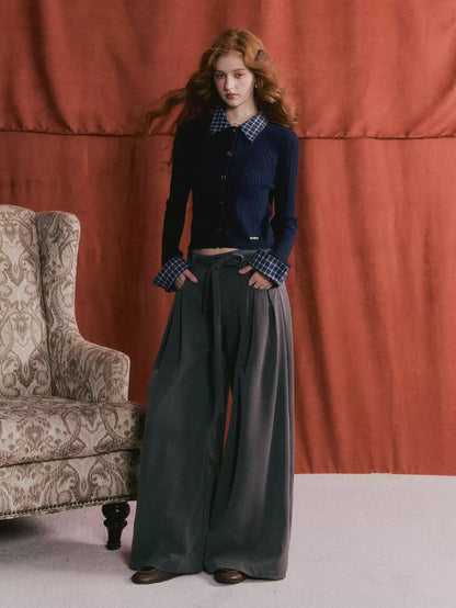 ASGONY - Pleated Wide-Leg Trousers with Detachable Tie (Gray / Brown)