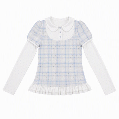 [RF] Star Blue Faux Two-Piece Lace-Trim Blouse with Peter Pan Collar