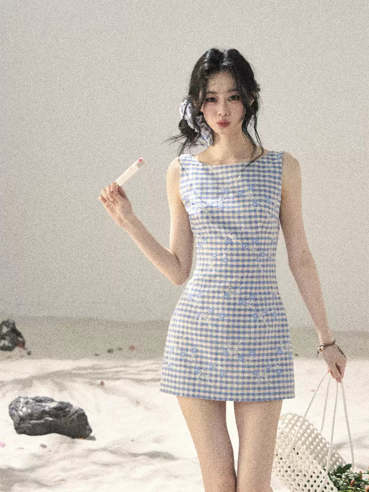 "Sea Breeze Reverie" Sky Blue Embroidered Plaid Mini Dress (With Matching Scrunchie)