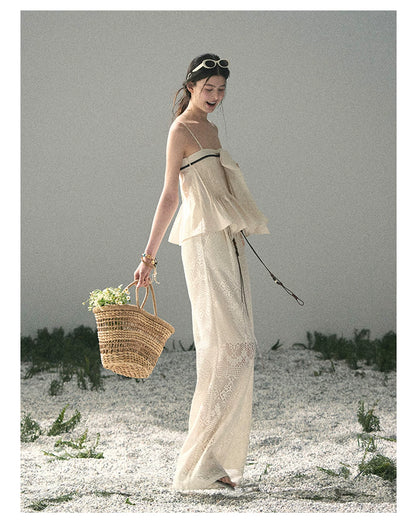 “Breeze Over Pleats” Cream Ribbon Camisole Top