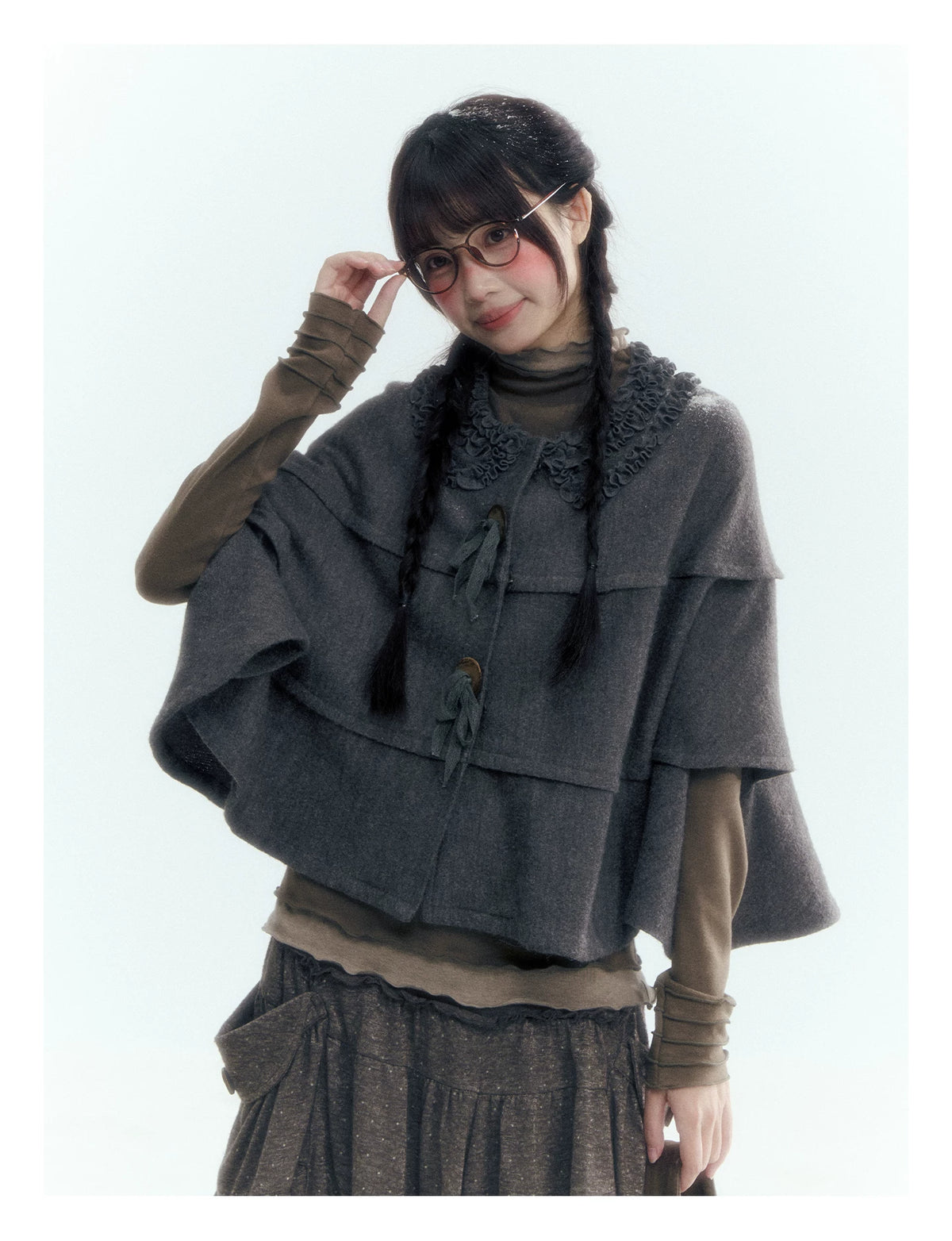 Horridale - Warm Charcoal Gray Knit Cape Poncho with Ruffle Collar