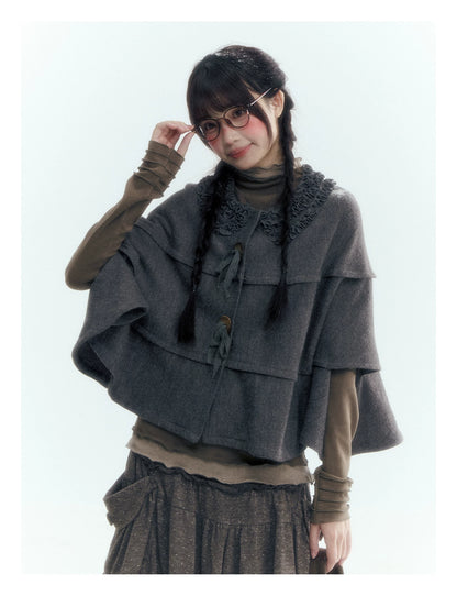 Horridale - Warm Charcoal Gray Knit Cape Poncho with Ruffle Collar