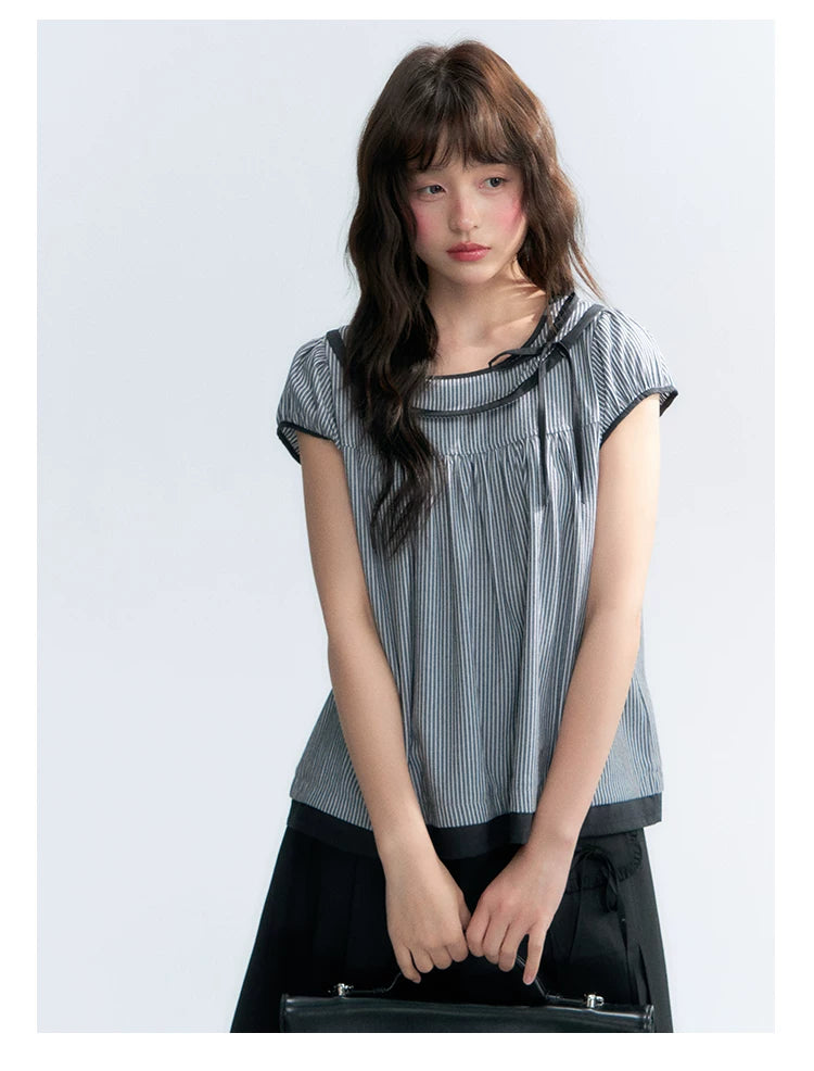 "Black Toast" Black Stripe Asymmetrical Collar Babydoll Blouse