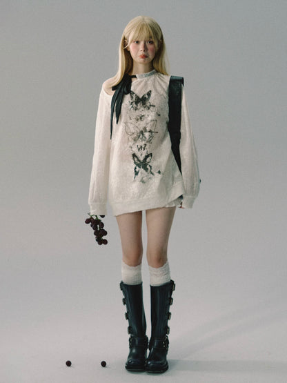 OAKMOO/ Butterfly Contrast Ribbon Mesh Knit Sweatshirt