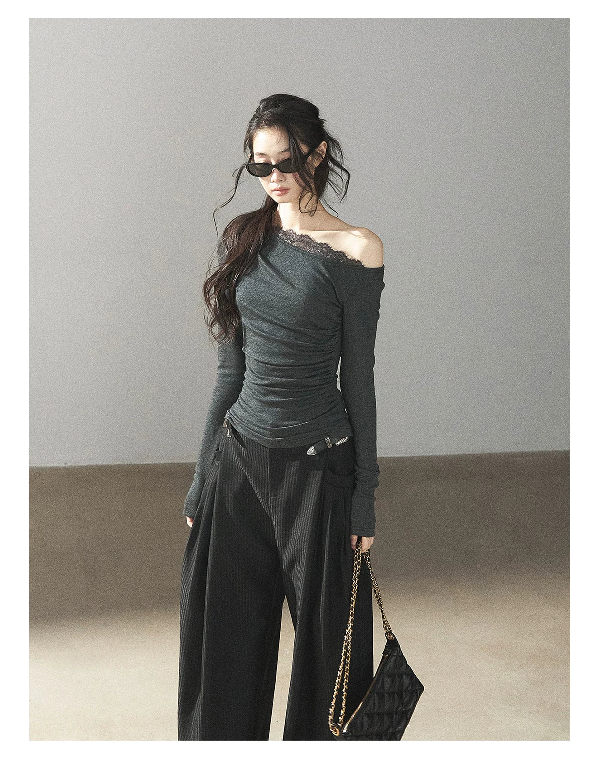 AOMALM - "Midnight Glow" Black Striped Satin Wide-Leg Pants