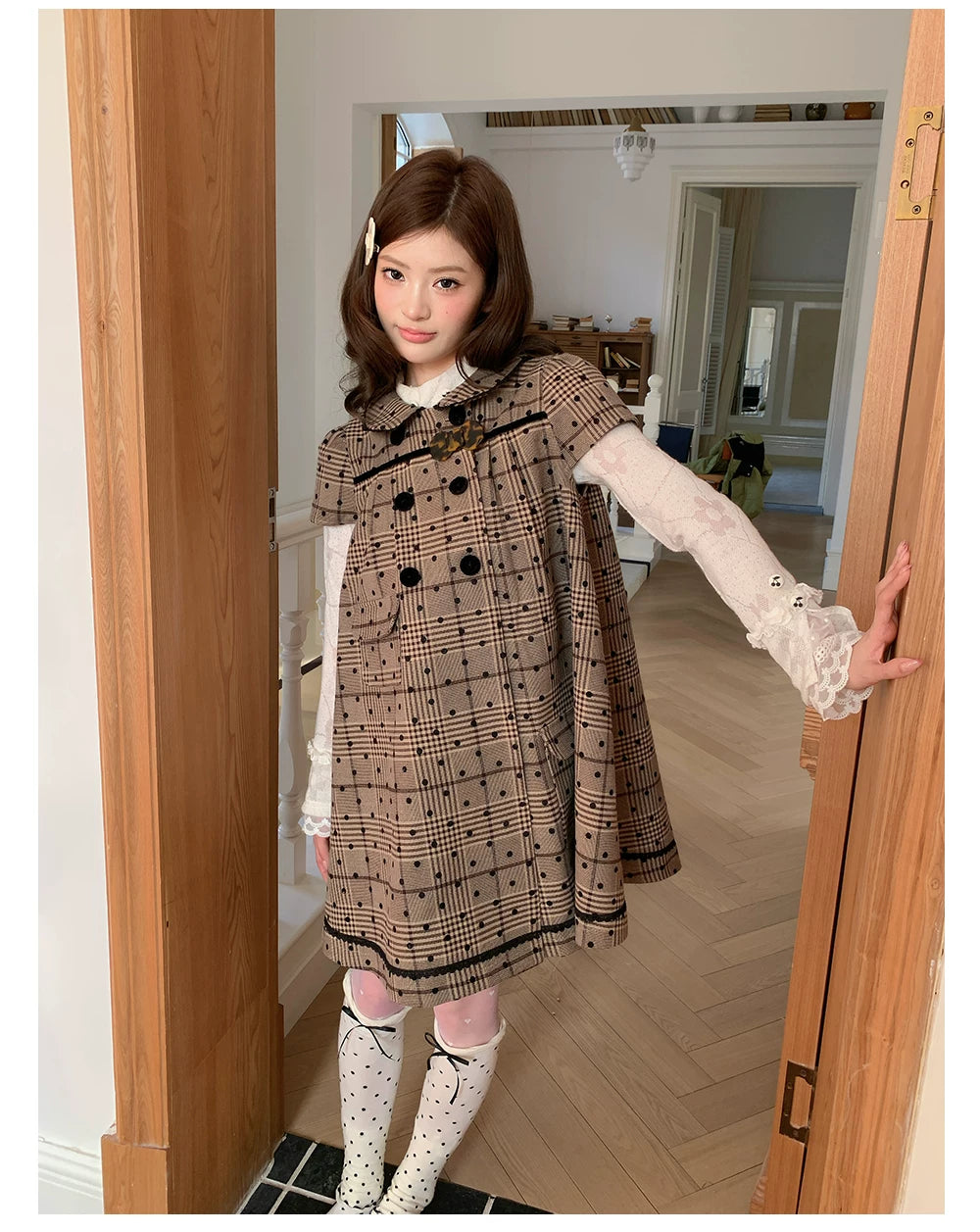 “Hazel Rococo Reverie” Khaki Plaid Polka Dot Dress