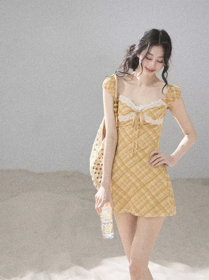 "Golden Wheat Whisper" Goose Yellow Lace Diamond Mini Dress