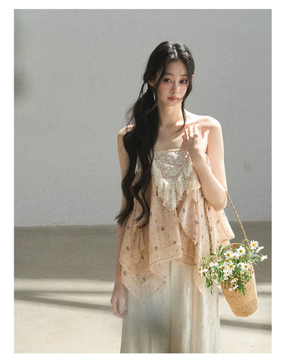 "Orange-Scented Dusk" Toasted Rice Beige Asymmetrical Lace Cami