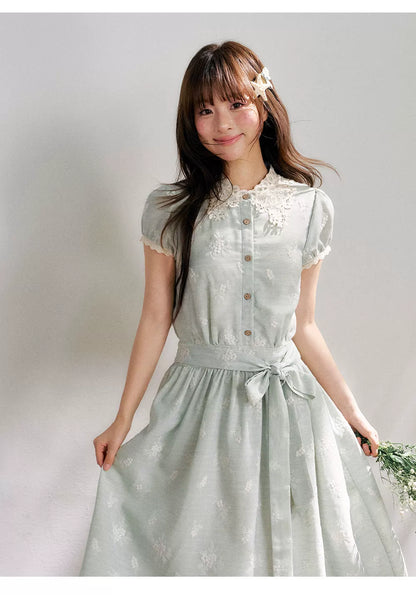 “Sage Meadow Reverie” Sage Green Embroidered Shirt Dress