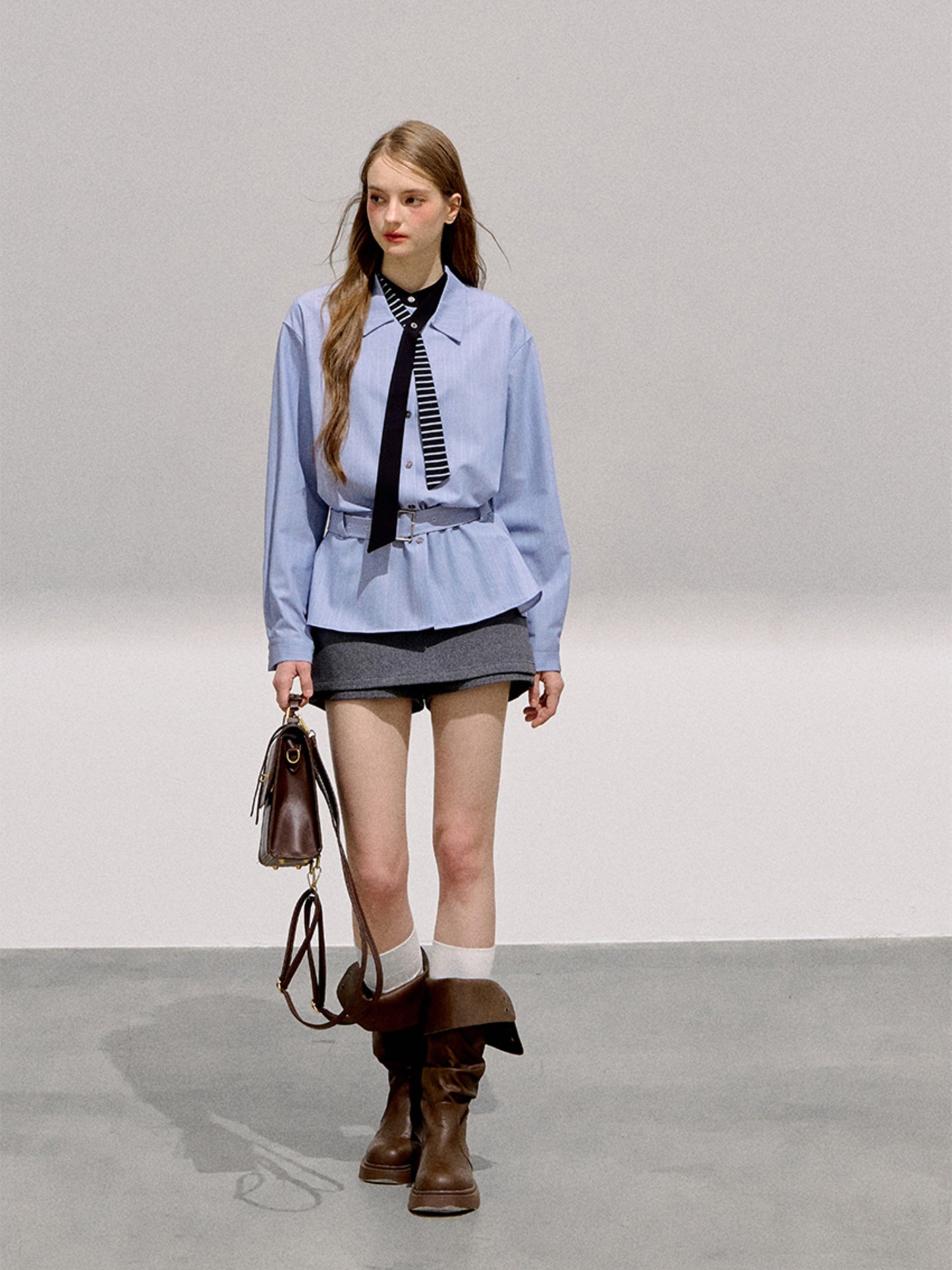 BOHOL BLING - Vintage Preppy Blue Striped Belted Loose Shirt