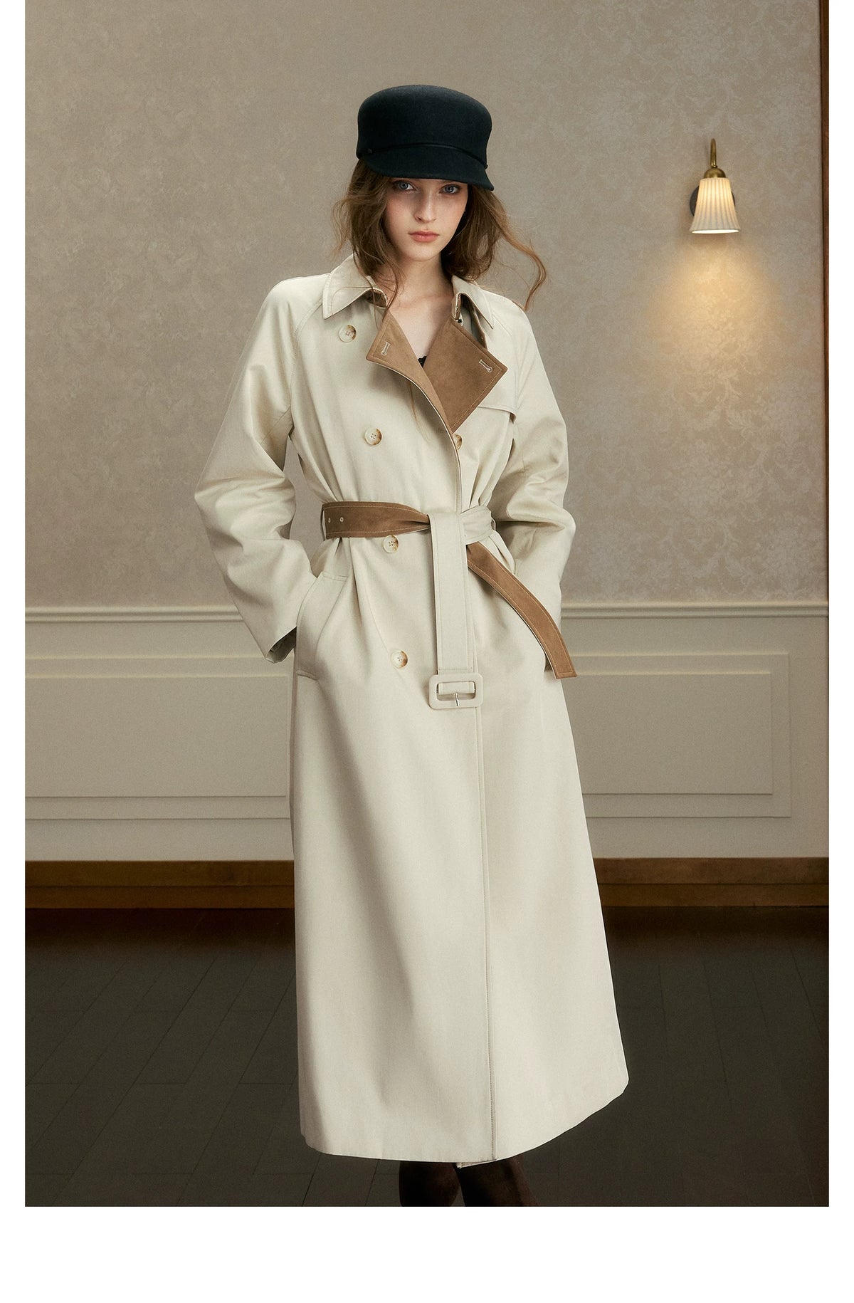 oshea - Moonlight Gray Double-Breasted Belted Long Trench Coat