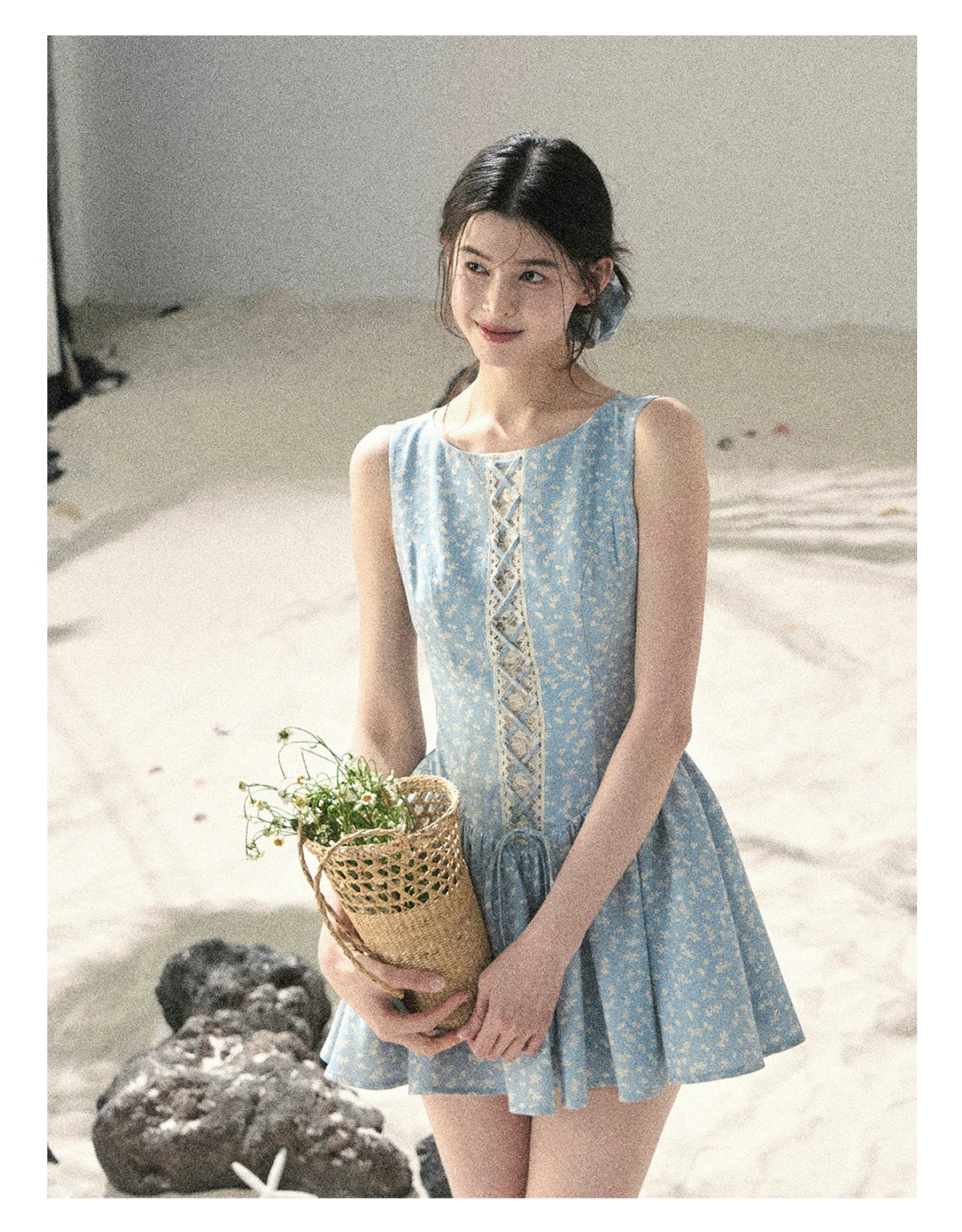 "Sage Summer" Haze Blue Lace Floral Puff Mini Dress