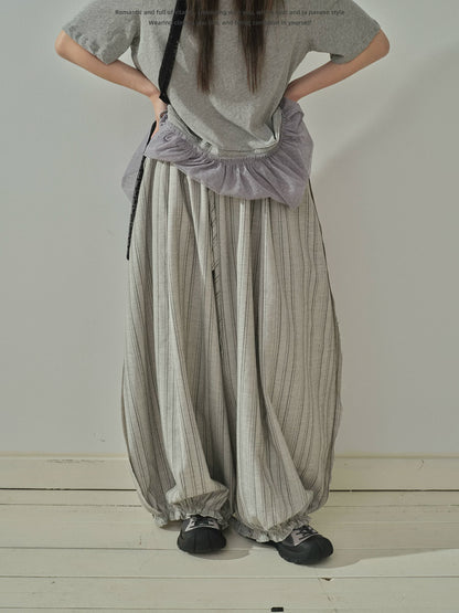 "Vintage Drift" Gray Striped Balloon Wide Leg Trousers