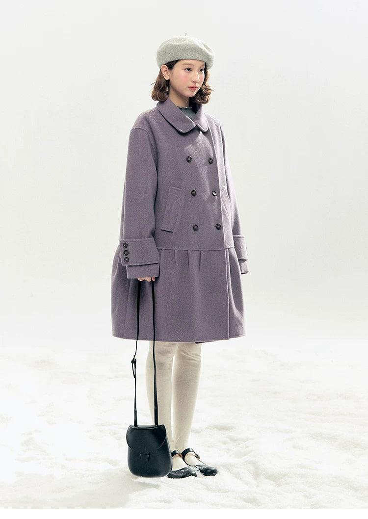 "Winter Chime" Double-Breasted Quilted Wool-Blend Coat (Smoky Purple/ Ash Gray)