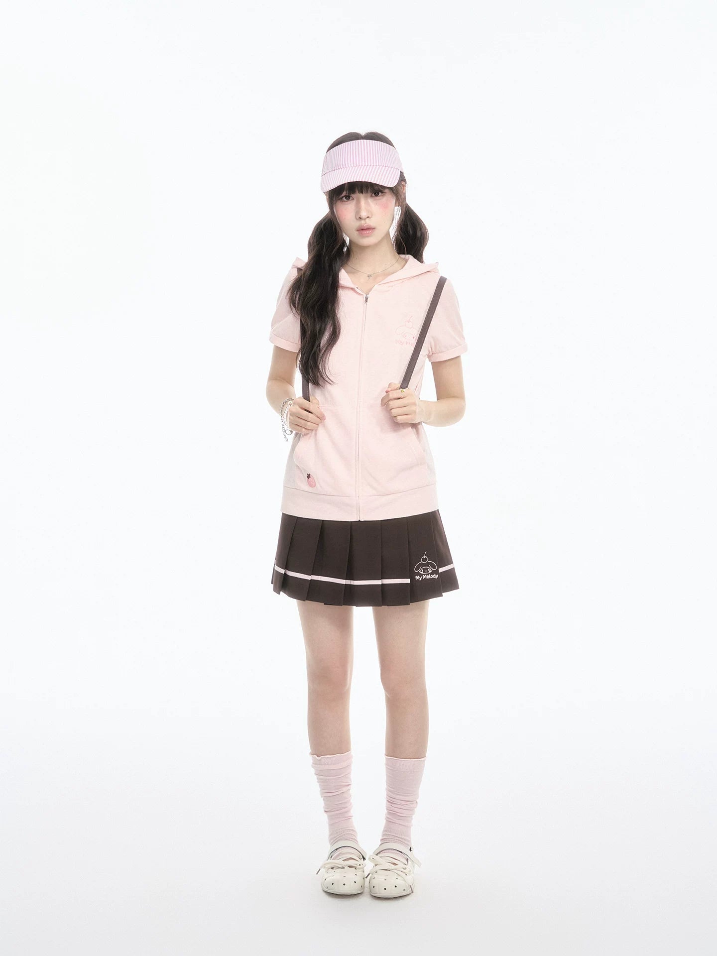 "Strawberry Daydream" Pink Hooded Zip-Up & Brown Skirt Set