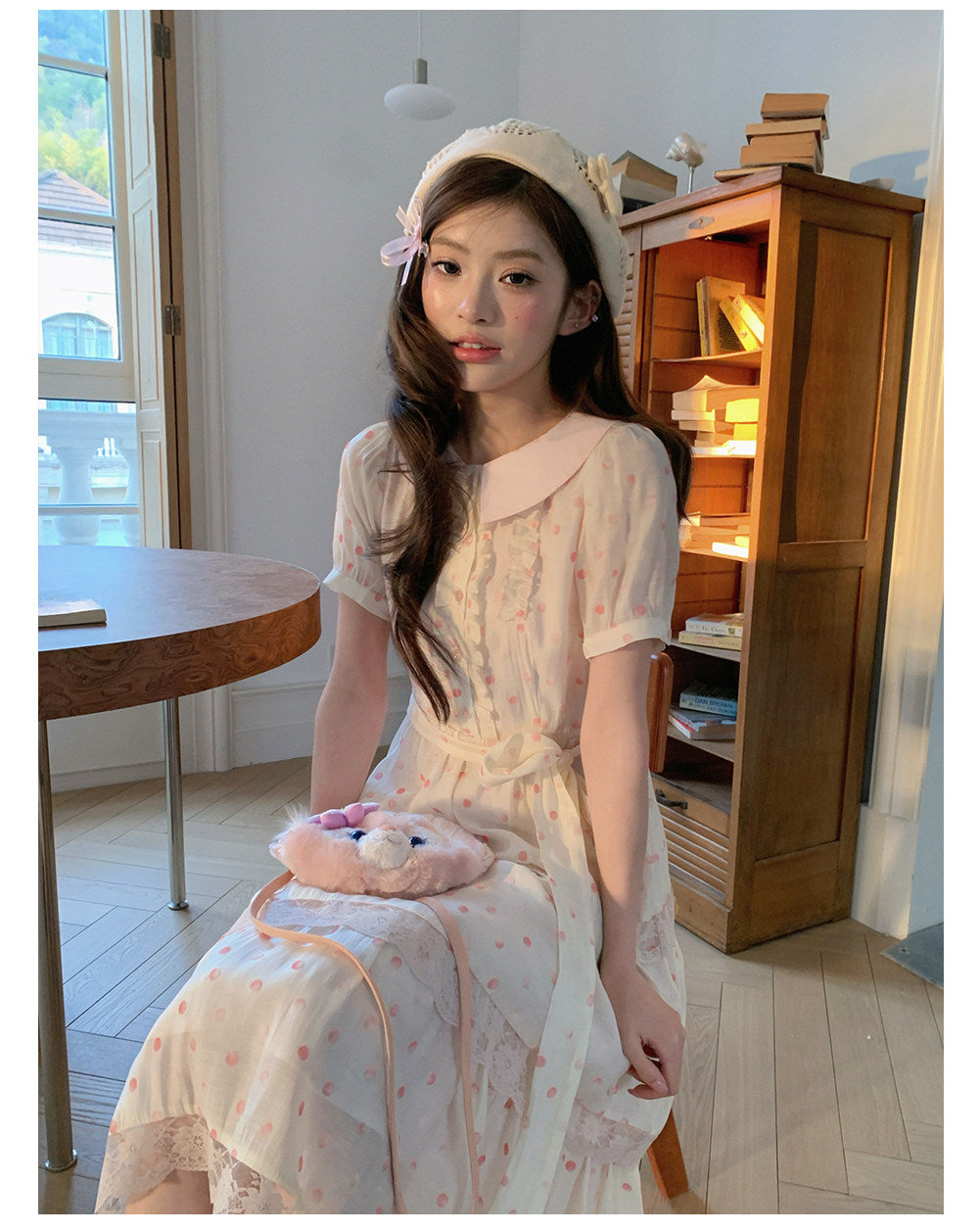 “Peach Mist Daydream” Ivory Polka Floral Cake Dress