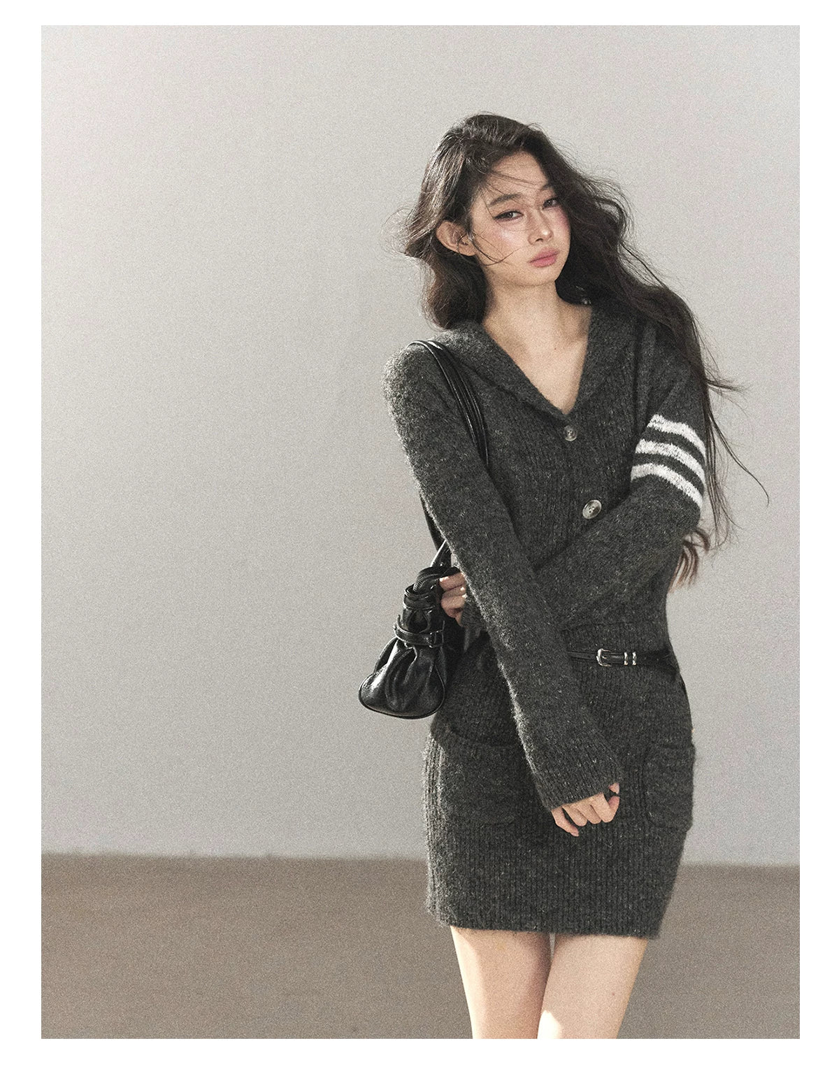 AOMALM - Whale Gray Hooded Faux-Two-Piece Knit Dress with Belt