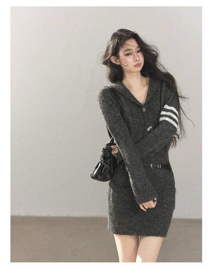 AOMALM - Whale Gray Hooded Faux-Two-Piece Knit Dress with Belt