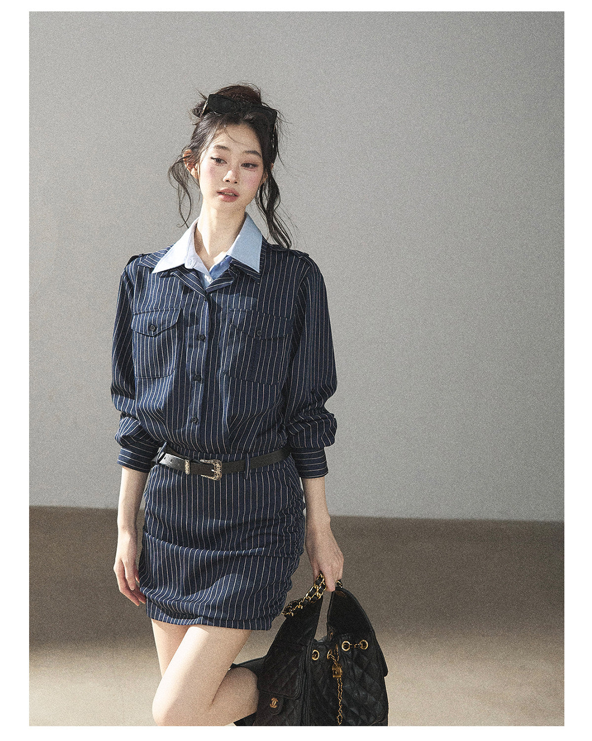 170726 "The Island and the Whale" Deep Slate Gray Layered Stripe Shirt Dress with Belt
