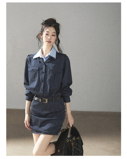 170726 "The Island and the Whale" Deep Slate Gray Layered Stripe Shirt Dress with Belt