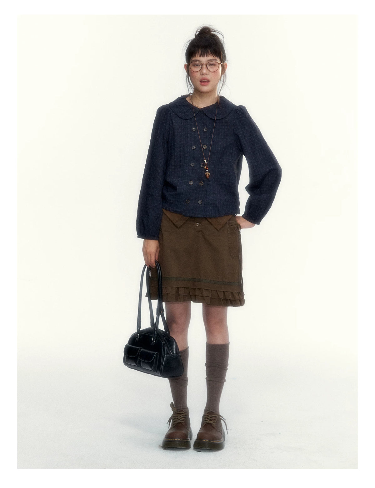 “Academy Melody” Navy Plaid & Dusty Purple Peter Pan Collar Cotton Shirt (Navy Plaid / Dusty Purple)