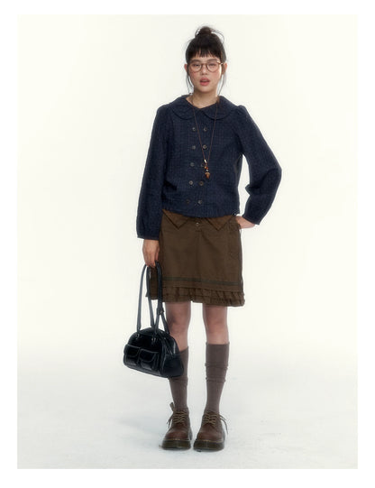 “Academy Melody” Navy Plaid & Dusty Purple Peter Pan Collar Cotton Shirt (Navy Plaid / Dusty Purple)