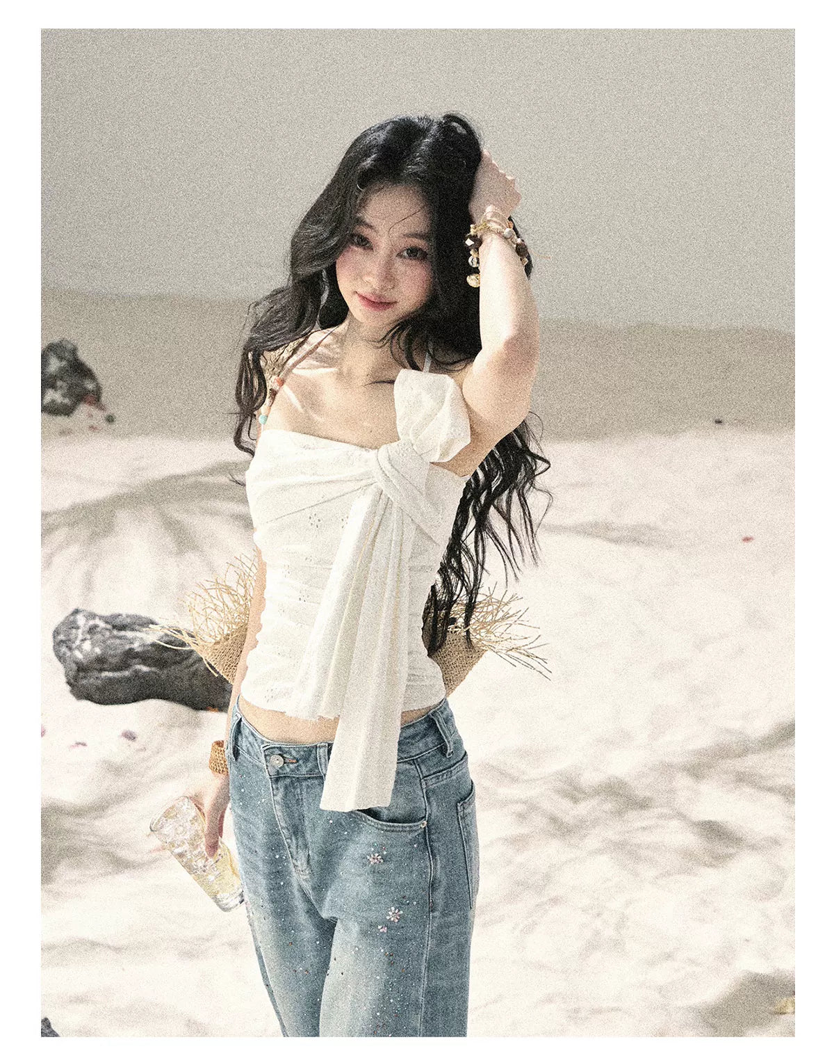 "Fragments of Tenderness" Frost White Halter Twist Crop Top