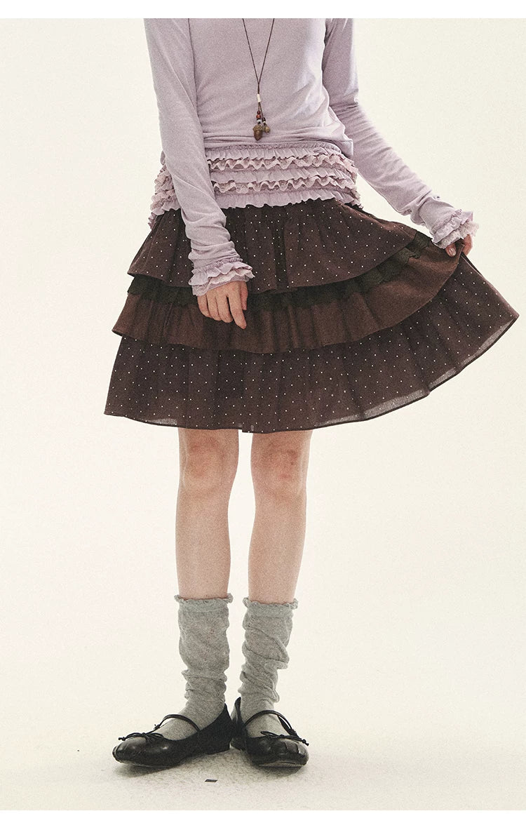 "Caramel Lace Notes" Brown Polka Dot Tiered Lace Midi Skirt